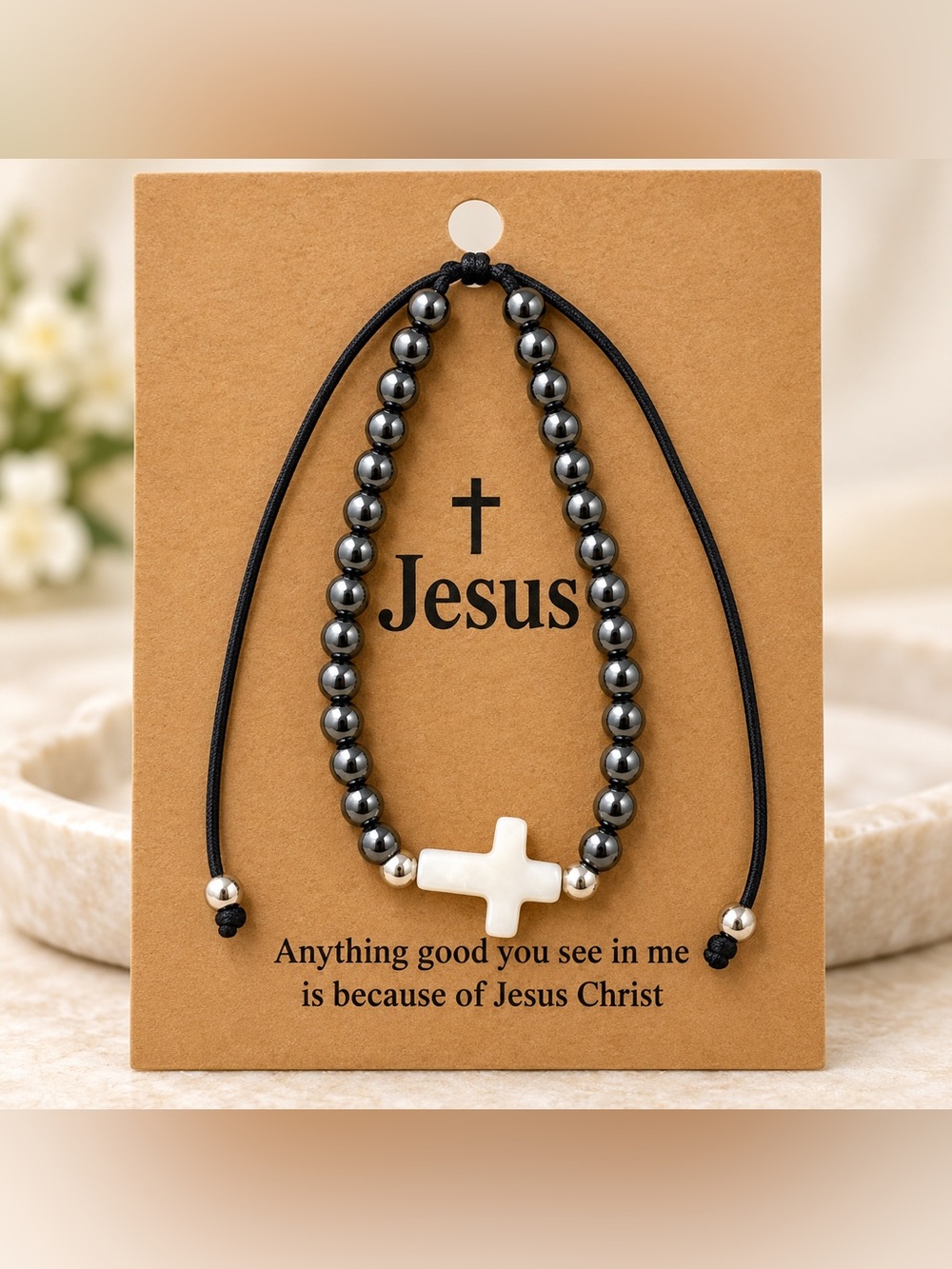 Hematite Beaded Bracelet with White Cross Accent